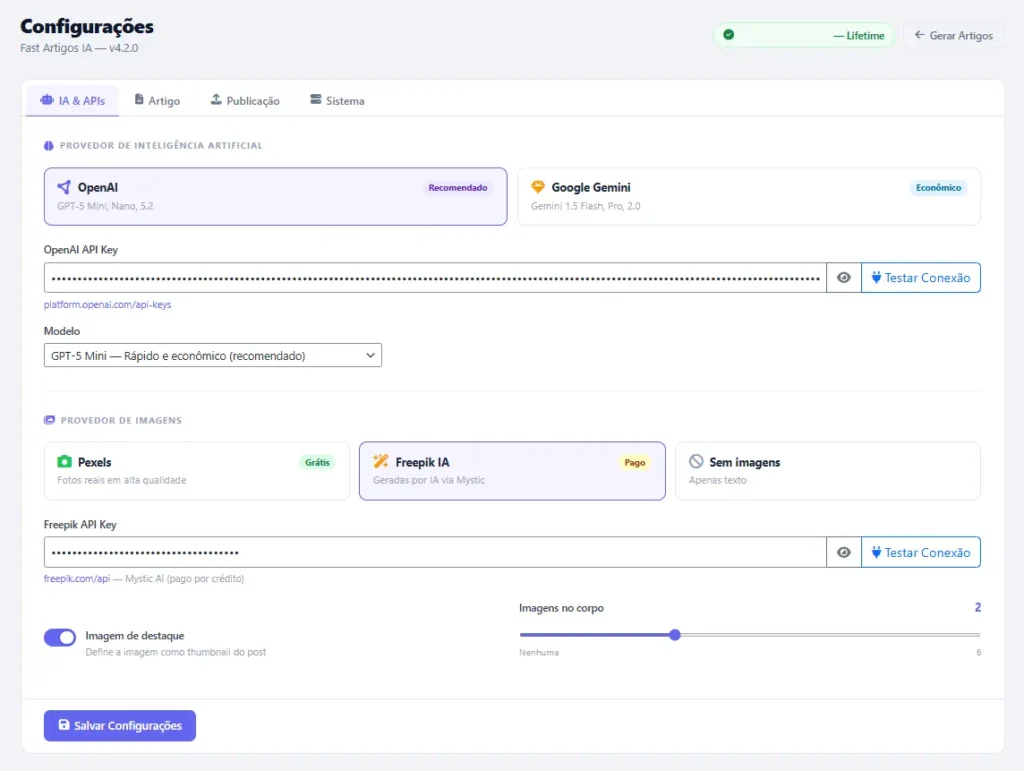 Painel de Configurações do Fast Artigos
