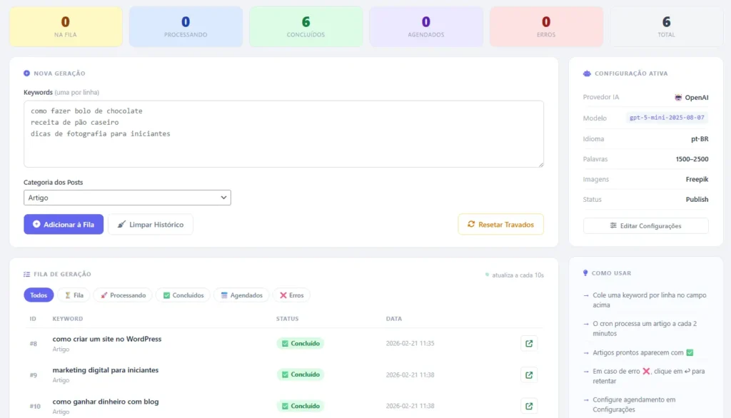 painel de criação de artigos do Plugin Fast Artigos 
