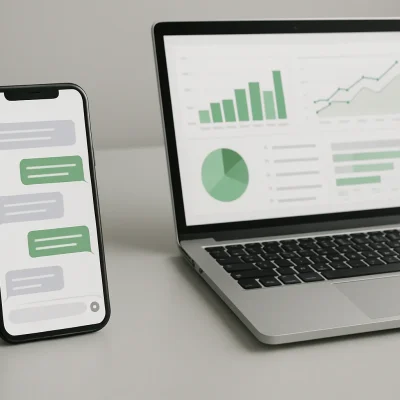 Mesa de escritório moderna com smartphone exibindo conversa de atendimento empresarial ao lado de laptop com gráficos e dashboard, clima corporativo e tecnológico