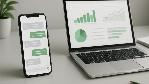 Mesa de escritório moderna com smartphone exibindo conversa de atendimento empresarial ao lado de laptop com gráficos e dashboard, clima corporativo e tecnológico