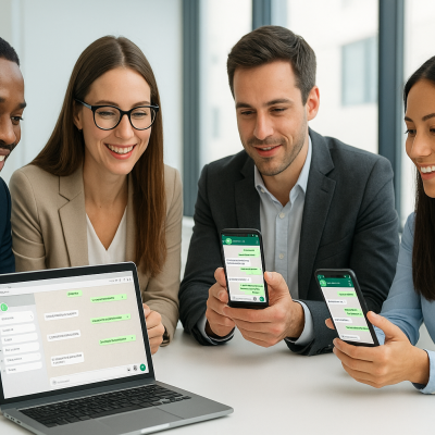 Equipe de atendimento em escritório moderno usando smartphones e notebook com interface de mensagens estilo WhatsApp, clima profissional e tecnológico, sem texto