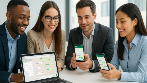 Equipe de atendimento em escritório moderno usando smartphones e notebook com interface de mensagens estilo WhatsApp, clima profissional e tecnológico, sem texto