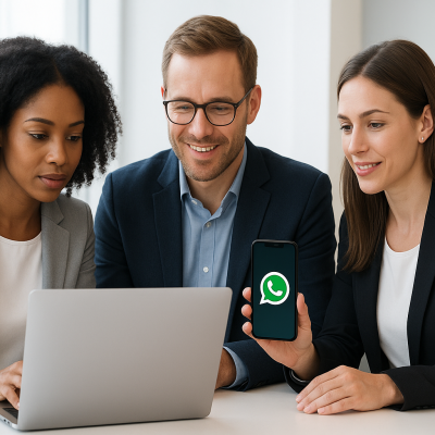 Equipe de empresa em escritório moderno atendendo clientes pelo WhatsApp em notebook e celular, mesa limpa, clima profissional e tecnológico