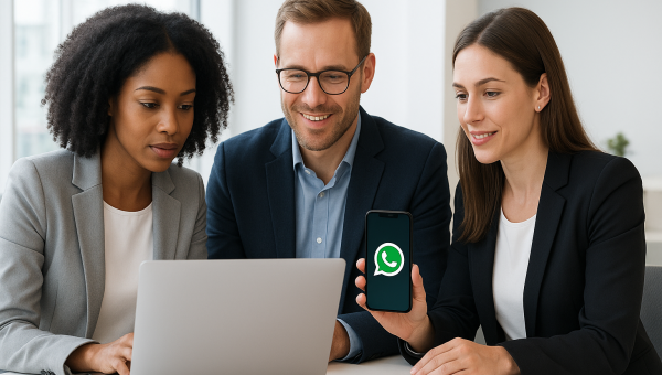 Equipe de empresa em escritório moderno atendendo clientes pelo WhatsApp em notebook e celular, mesa limpa, clima profissional e tecnológico
