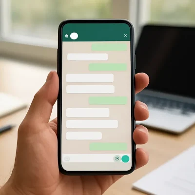 Pessoa segurando smartphone em ambiente de trabalho moderno, com tela de mensagens abertas, sugerindo envio de mensagens em massa com cuidado e atenção