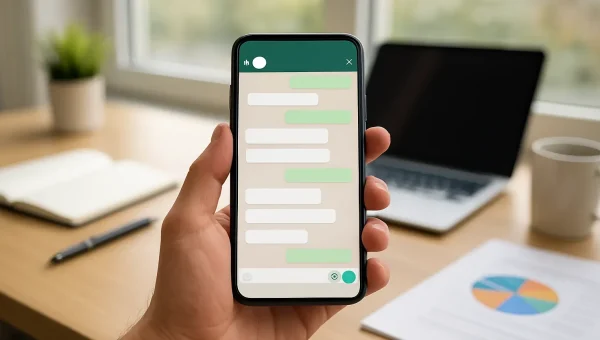 Pessoa segurando smartphone em ambiente de trabalho moderno, com tela de mensagens abertas, sugerindo envio de mensagens em massa com cuidado e atenção