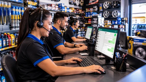 Um equipe de atendimento via whatsapp trabalhando no balcão de loja