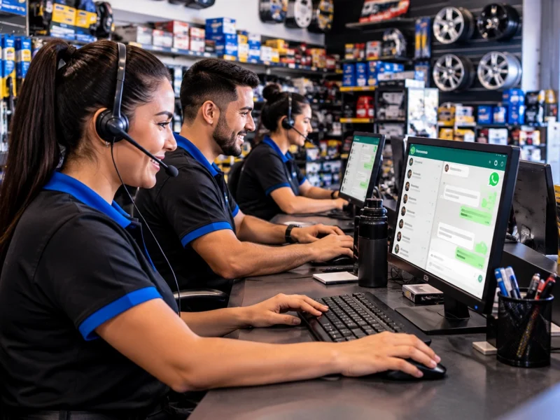 Um equipe de atendimento via whatsapp trabalhando no balcão de loja